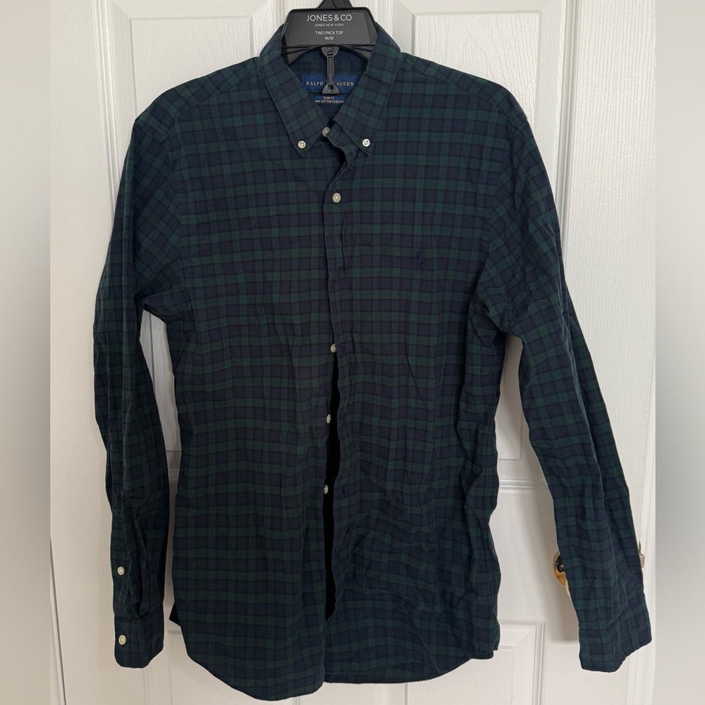 Ralph Lauren Men's Navy and Green Plaid Shirt